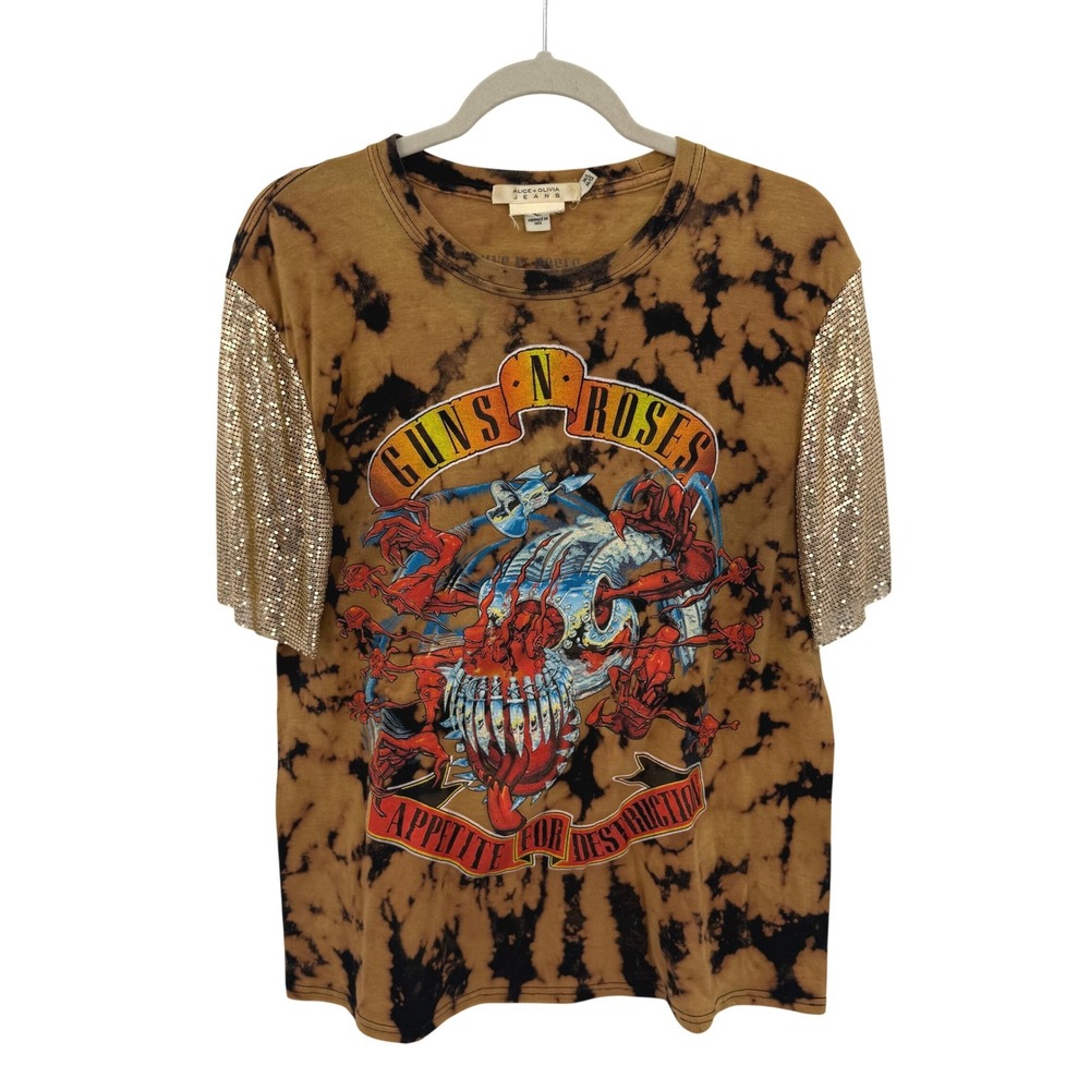 Alice + Olivia Jeans Guns N' Roses Tie Dye Chainmail Sleeve Graphic Tee M/L